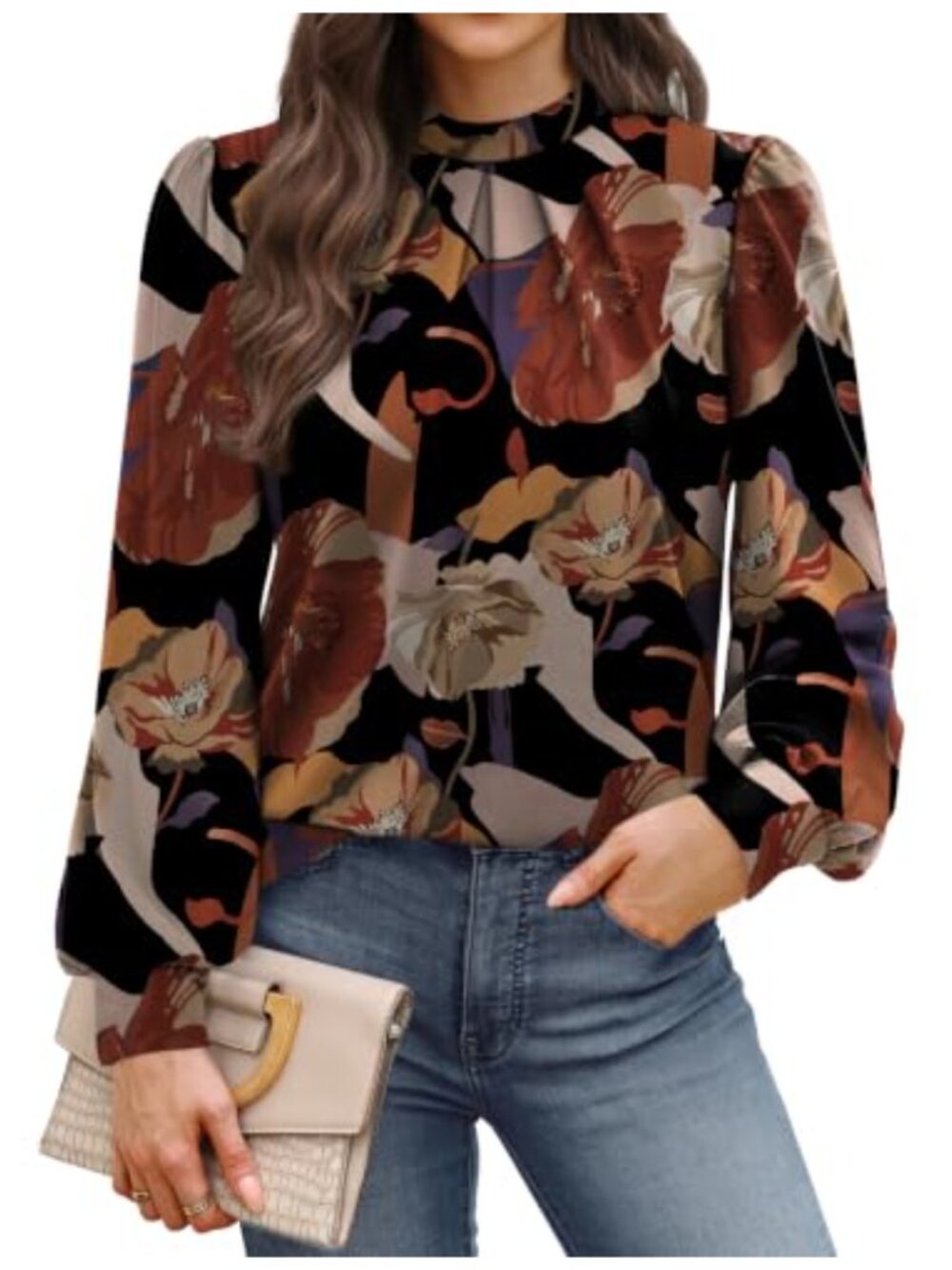 Long Sleeve Women's Blouse Mock Neck Pleated Puff Sleeve Business Casual Tunic